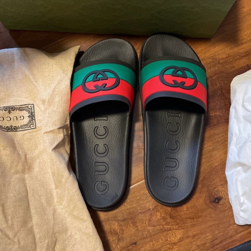 Gucci Black Slides with Red and Green Bands
